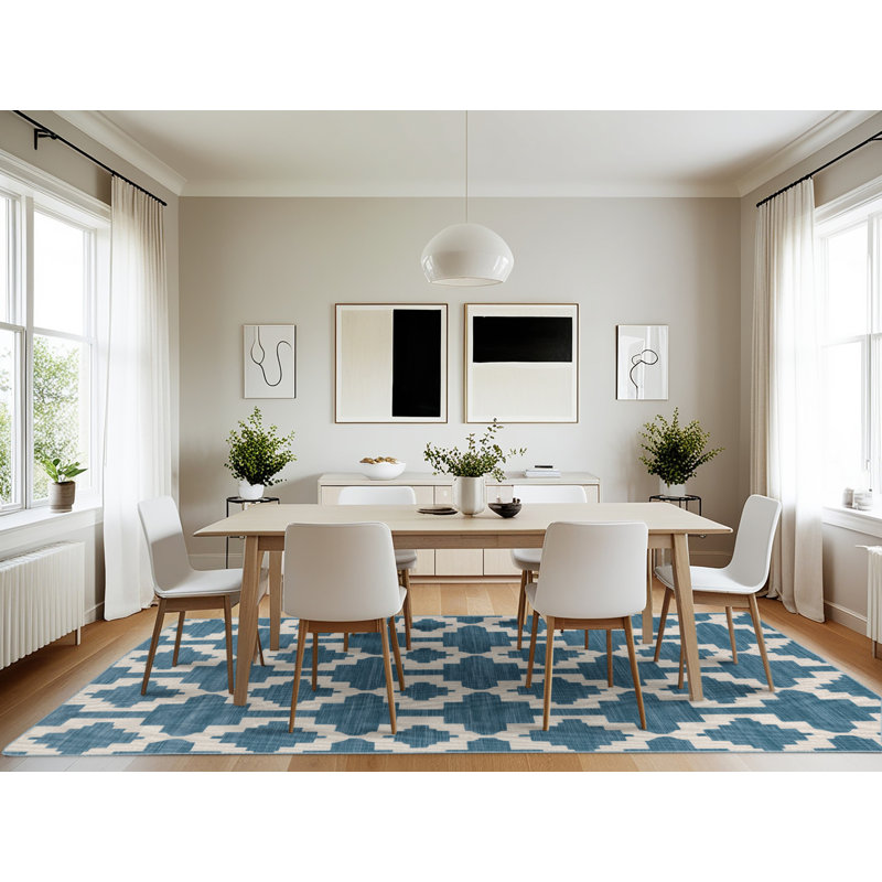 Tapis bleu en treillis lavable à la machine, Rectangulaire 7 pi x 10 pi