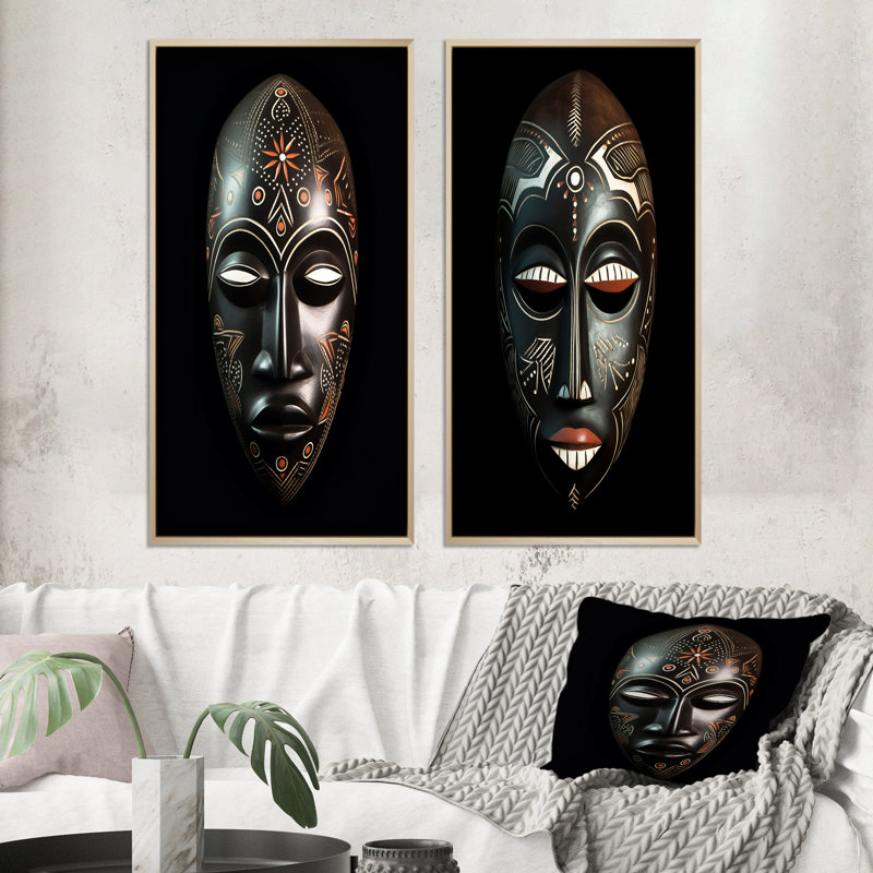 2 pièces sur toile - Masque africain traditionnel vietnamien, H 40 po x l 40 po, Encadrement brun