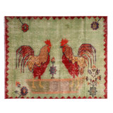 One-of-a-Kind Hand-Knotted 1950s Mid-Century Modern Green 3'1" x 3'10" Wool Area Rug