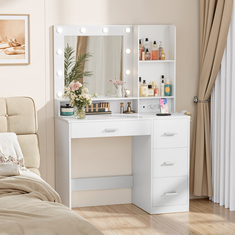 Borko Makeup Vanity With Lights,Vanity desk with Mirror and Power Outlet,Dresser Table with Drawers and Open Shelves, White