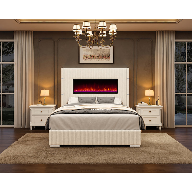 Base de lit tapissier en velours côtelé de grande taille 60,4 po avec cheminée sans chaleur, tête de lit à oreilles, blanc