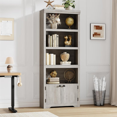 5 Tier Bookshelf with 2 Doors, 69"Tall Farmhouse Bookcase with Adjustable Shelves, 31.5''W Open Display Storage Rack for Home Office, Living Room, Library, Grey W600