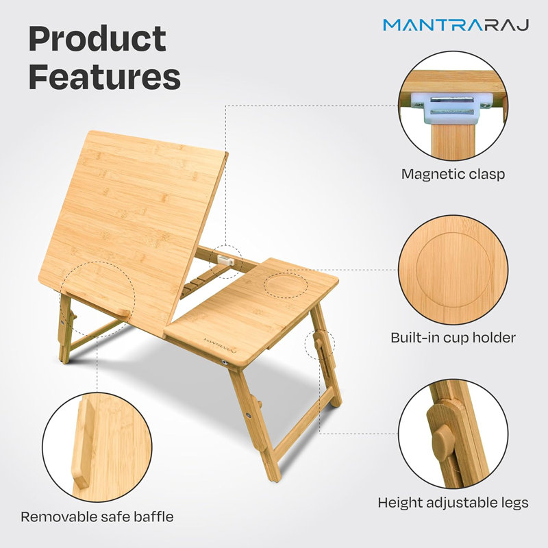MantraRaj Bamboo Lapdesk Foldable Laptop Stand Bed Table Serving Breakfast Tray Adjustable