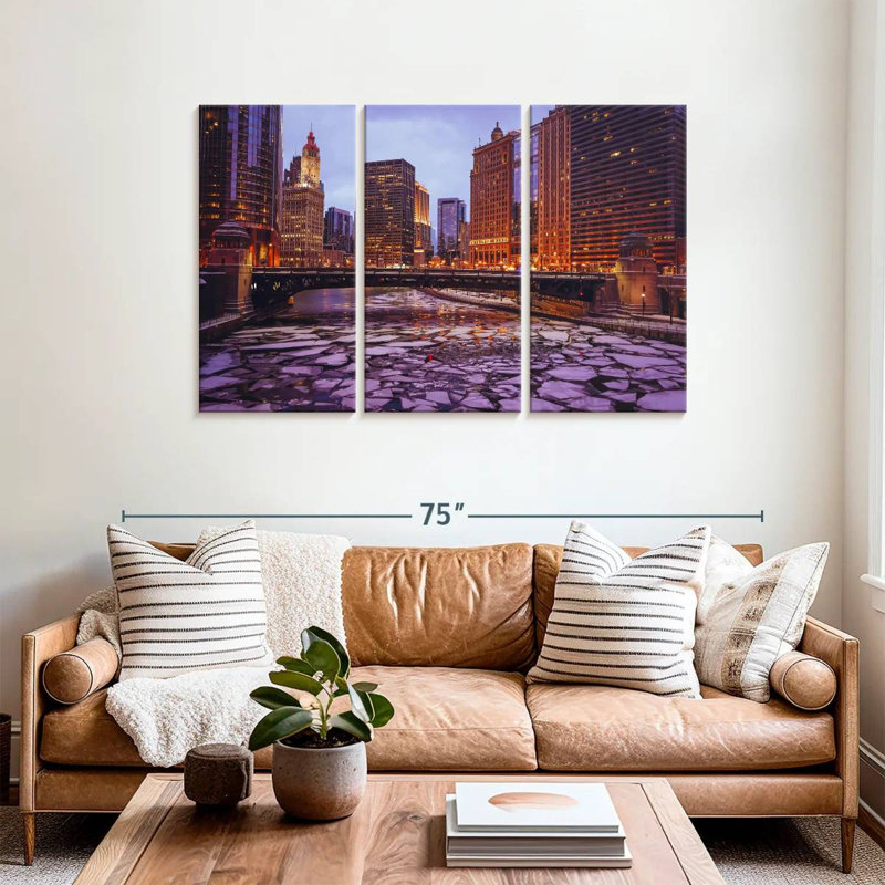 Paysage urbain de la rivière gelée Tergel Chicago, H 36 po x l 57 po