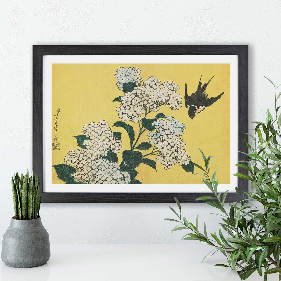 Hydrangeas and Swallow by Katsushika Hokusai - Framed Print