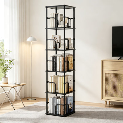 Square Rotating Bookshelf with 360-Degree Spinning Display, Stackable Tower Bookcase for Living Room, Space-Saving Tall Floor Standing Storage Organizer