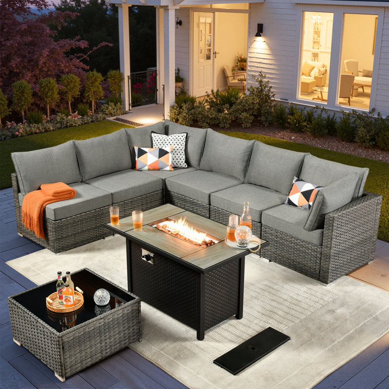 6 - Person Outdoor Patio Wicker L-Shaped Sectional Sofa Set with Fire Pit Table, Gray Rattan Furniture with  Cushions, Outdoor Conversation Set for Garden/Backyard