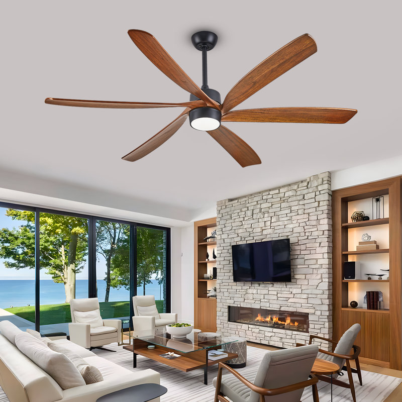 6 Blade Solid Wood Ceiling Fan With Light,modern Decorative Design, 60"