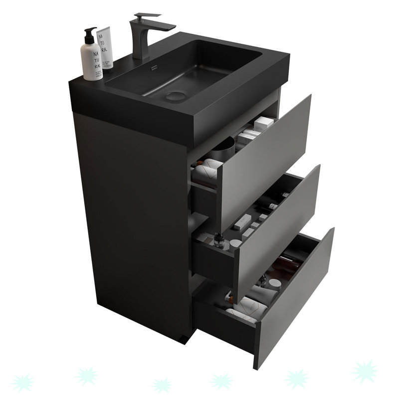 Meuble-lavabo sur pied simple 24,19 po avec plateau en bois manufacturé Davorin, Noir, gris