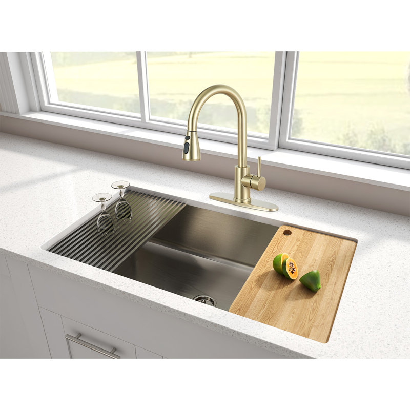Robinet de cuisine rétractable à poignée simple avec douchette, Or brossé
