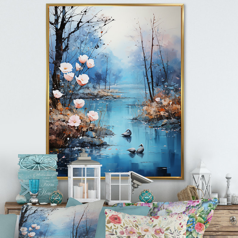 «Romantic Serene Floral Waters», reproduction sur toile encadrée, Cadre flottant doré, H 32 po x l 24 po x P 1 po