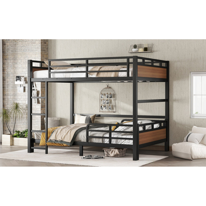 Full Over Full Metal Bunk Bed With Separable Design And Raised Security Fence For Versatile Use And Safety, Walnut