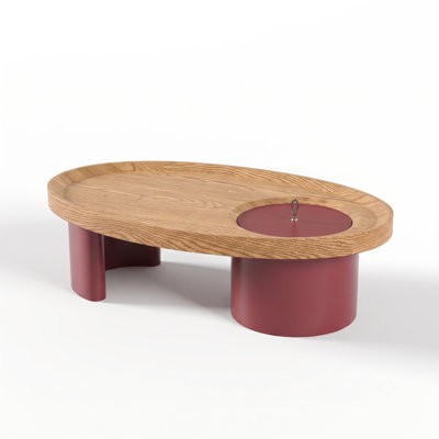45.3" Oval Walnut Coffee Table with Red Legs and Hidden Storage
