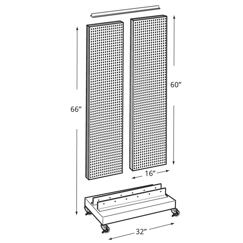 Two-Sided Double Pegboard Floor Display on Wheeled Base. Combined Panel Size: 32"W x 60"H