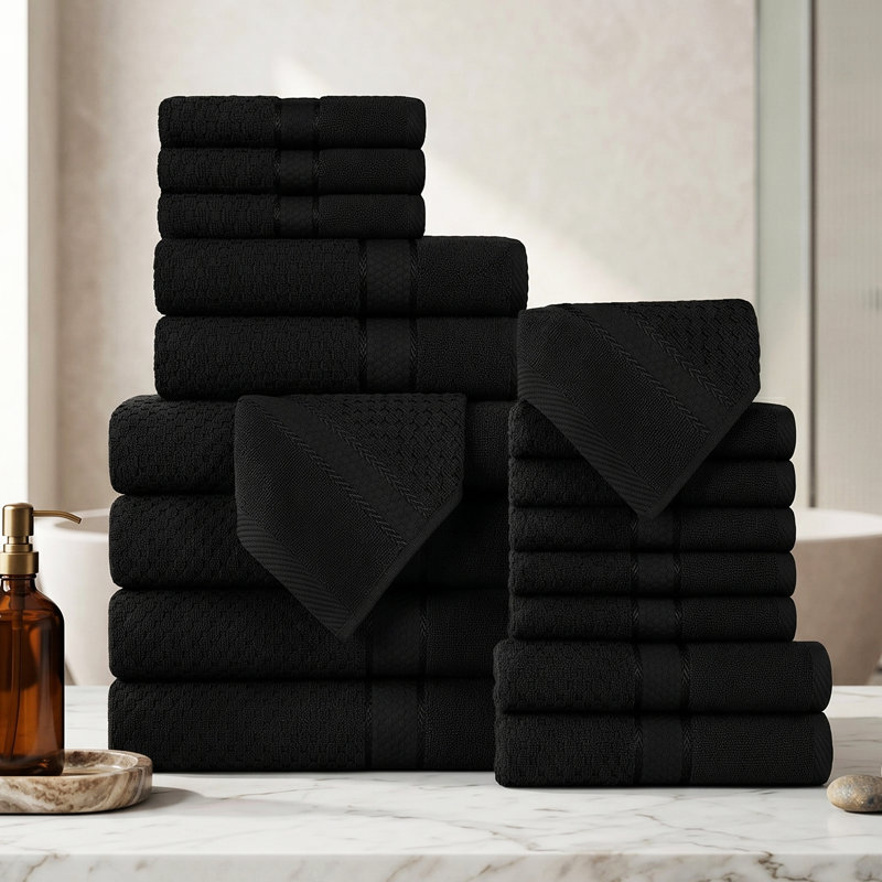 Collection de serviettes 100% coton Obed, Noir, Ensemble de serviettes 18 pièces