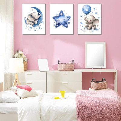 3Pcs Nursery Elephant Canvas Wall Art Wall Decor Cute Animal Painting Pictures Moon And Stars Balloon Poster Prints For Nursery Classroom Kids Room Bedroom Home Decoration 12X16