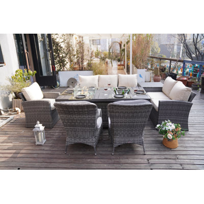 Ensemble de salle à manger pour 8 personnes Aliaksey 70,9 po avec coussins mixtes beige et gris