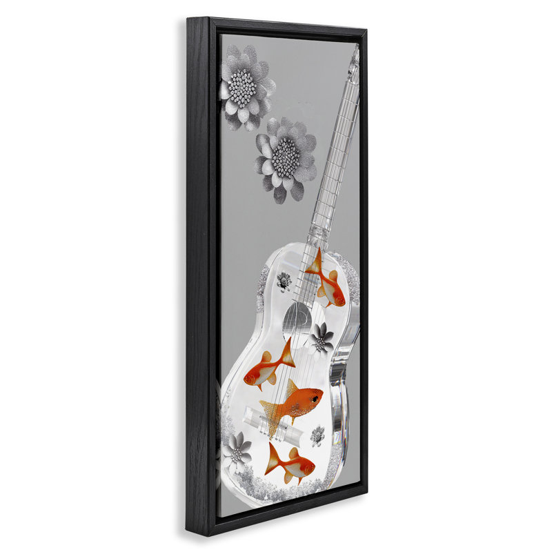 Cadre flottant Sparkle, guitare et fleurs, design par Sasha, H 31 po x l 15 po, Cadre flottant noir de jais