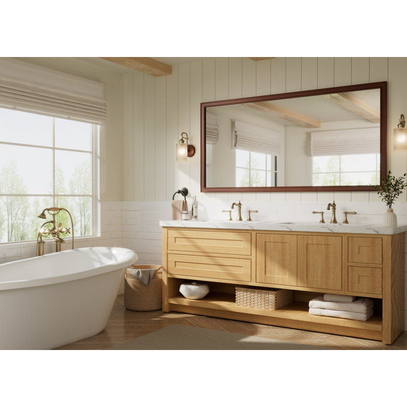 Miroir de salle de bain rectangulaire avec cadre en bois massif, verre trempé, H 72 po x l 36 po, Brun