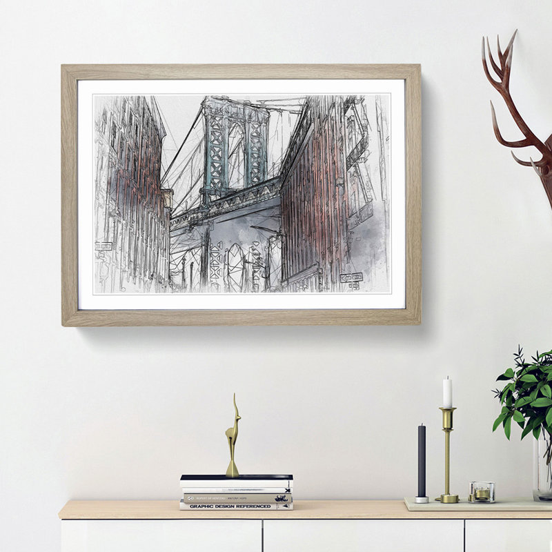 George Washington Bridge in Abstract - Picture Frame Graphic Art Print, 48cm H x 65cm W x 2cm D, Oak Framed