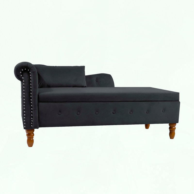 Chaise longue en velours avec rangement, coussin et garniture cloutée, Noir