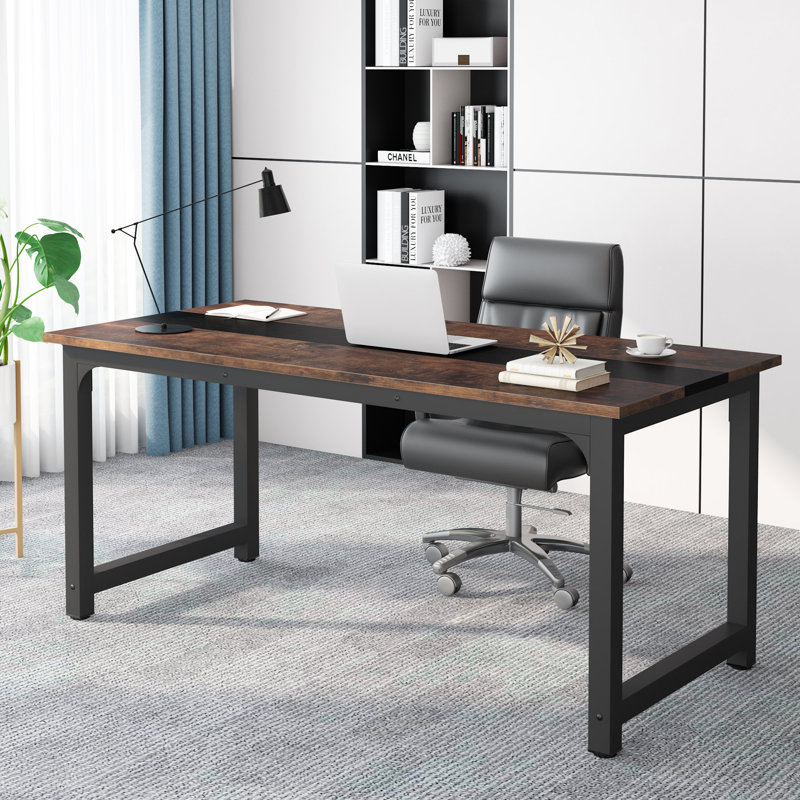 Aalderk Solid Wood Top Metal Base Computer Desk, Vintage Brown/Black, 75cm H x 180cm W x 80cm D
