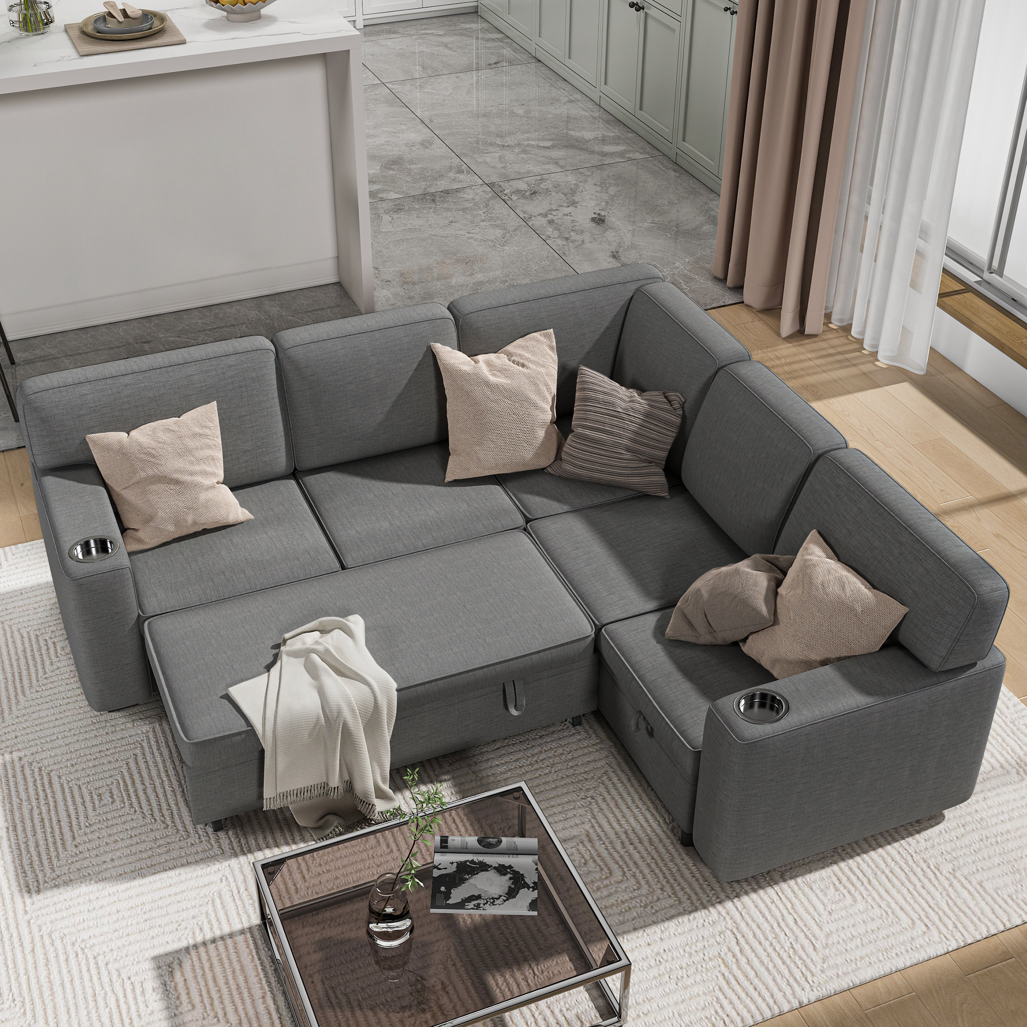 Ebern Designs Convertible Modular Sectional Sleeper Sofa With Pull Out ...
