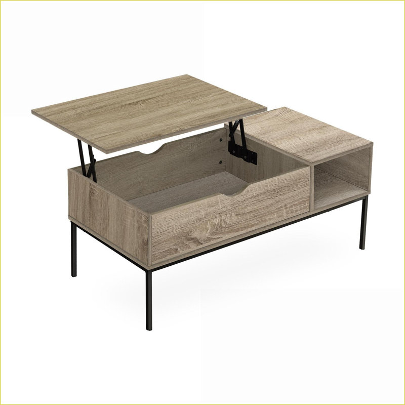 Table basse moderne de style taupe foncé de 42 po avec base en métal noir, rangement surélevé et surface facile à nettoyer