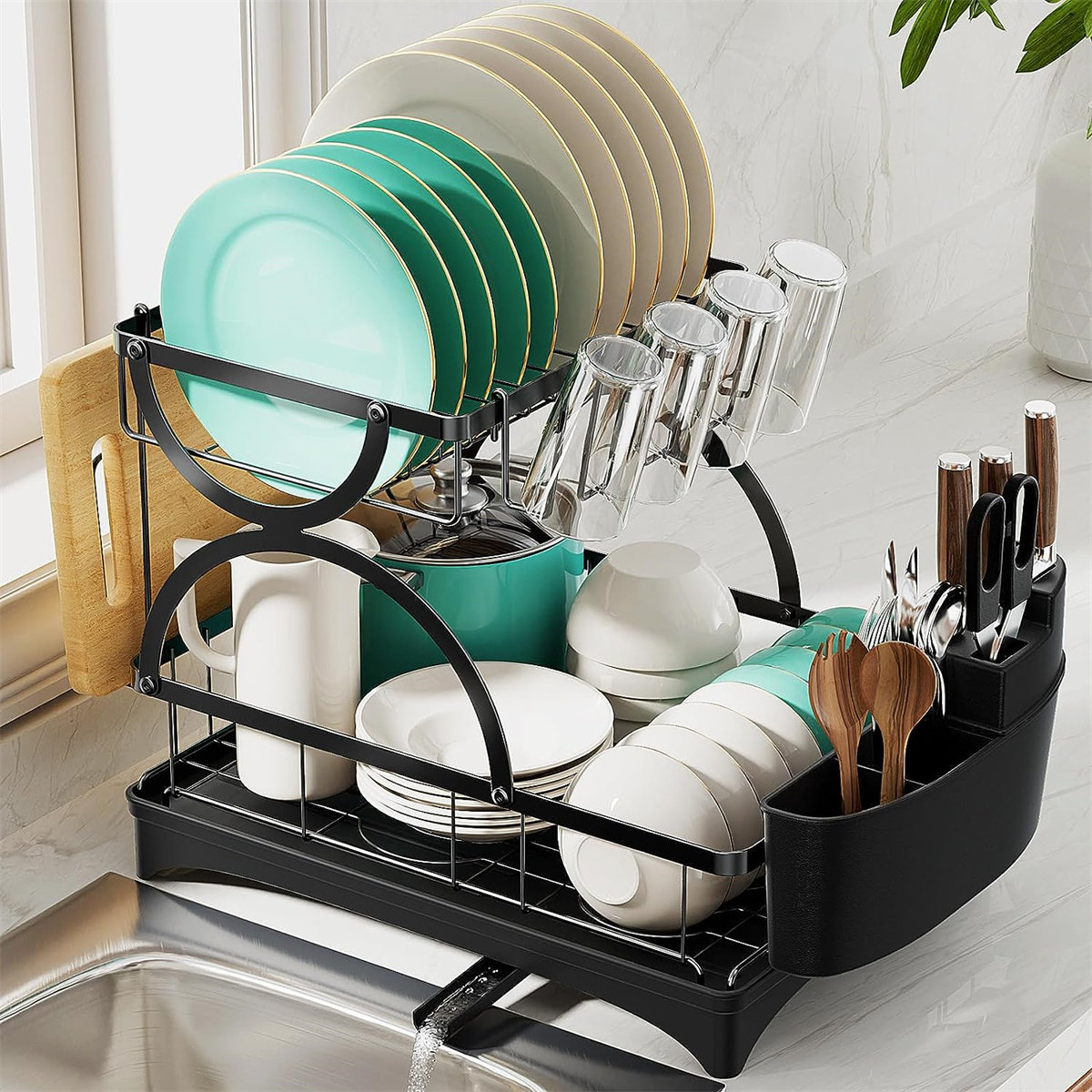 BOOSINY Dish Drying Rack and Drainboard Set for Kitchen Counter, 2 Tier  Large Stainless Steel Sink Organizer Dish Racks with Cups Holder, Utensil