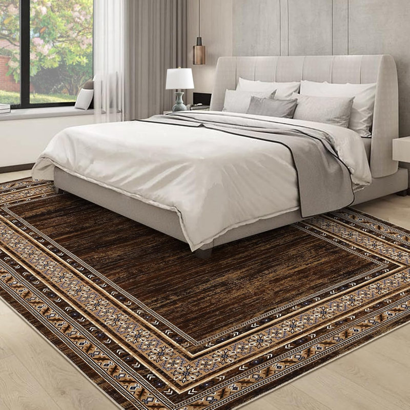 Modern 9X12 Area Rugs For Living Room, Soft Washable Bedroom Rug, Large Non Slip Accent Carpet For Dining Room, Ultra Thin Geometric Bordered Floor Cover For Nursery Office, Red Brown