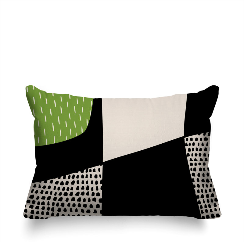 Vikka Minimalist Reversible Indoor/Outdoor Lumbar Pillow, 14" H x 20" W, Chartreuse/Black/Off-White