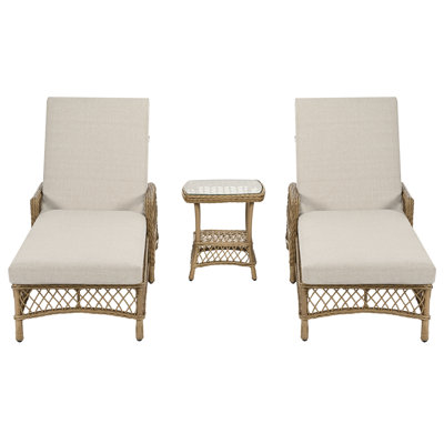 Kyla 3-Piece Wicker Patio Chaise Lounges With Side Table And Beige Cushions