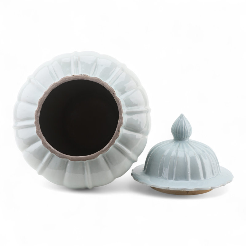 Pale Blue Fluted Jar with Lid, White
