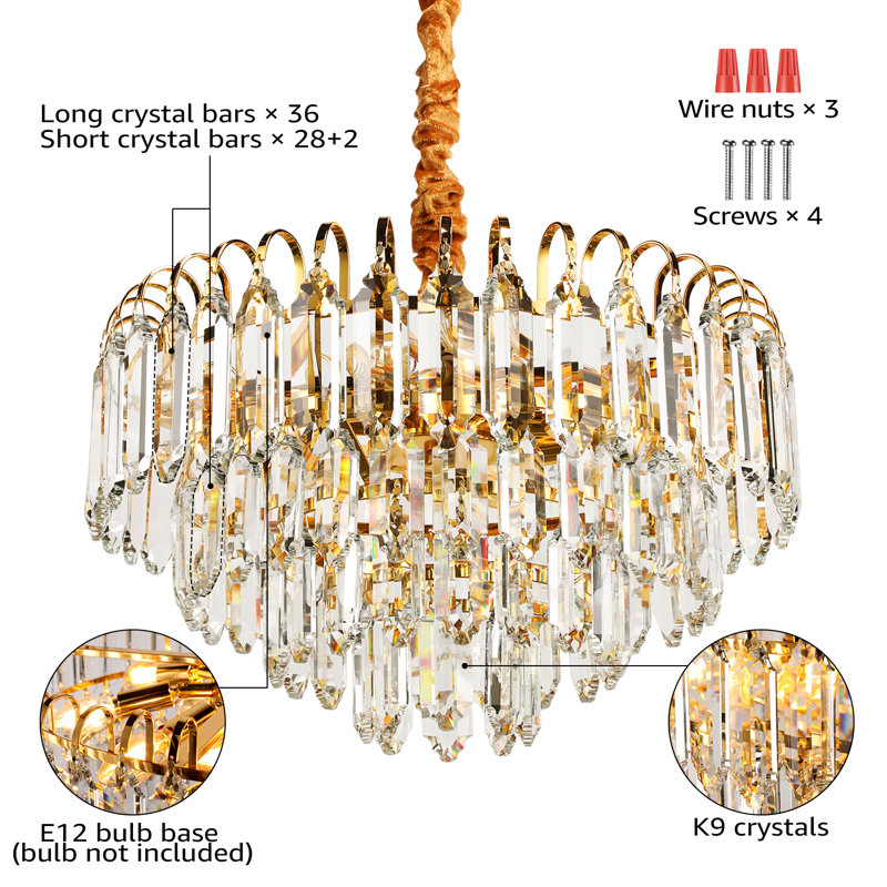 Lustre en cristal K9, plafonniers modernes, câble homologué UL, 6 ampoules E12 requises