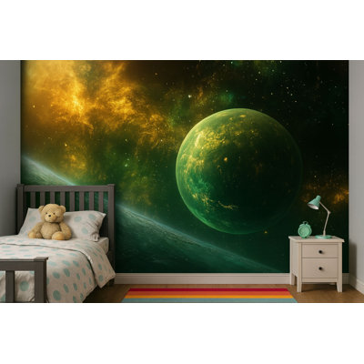 Murale galaxie verte - Papier peint Planète espace, décoration pour chambre d'astronomie pour enfants