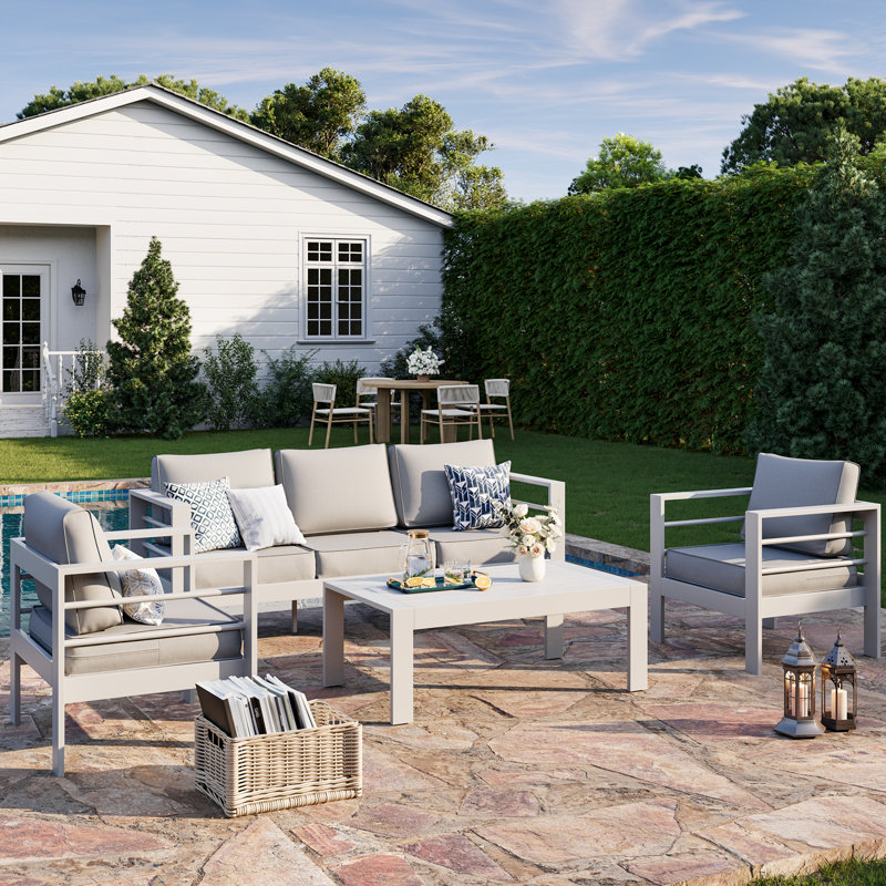 5 - Person Outdoor Seating Group With Cushions, Light Gray/White