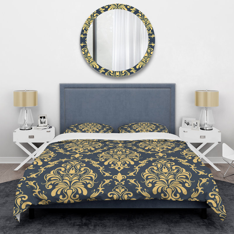 Gris et jaune damassé - ensemble de housse de couette abstrait - microfibre de polyester, Twin Duvet Cover + 2 Standard Shams