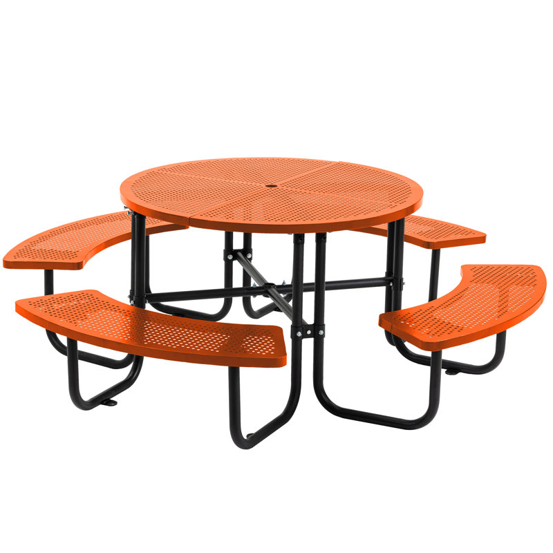 Ridenour Metal Picnic Table Dining Table with Umbrella Hole - Coated Steel Heavy Duty Commercial Grade Table, Orange