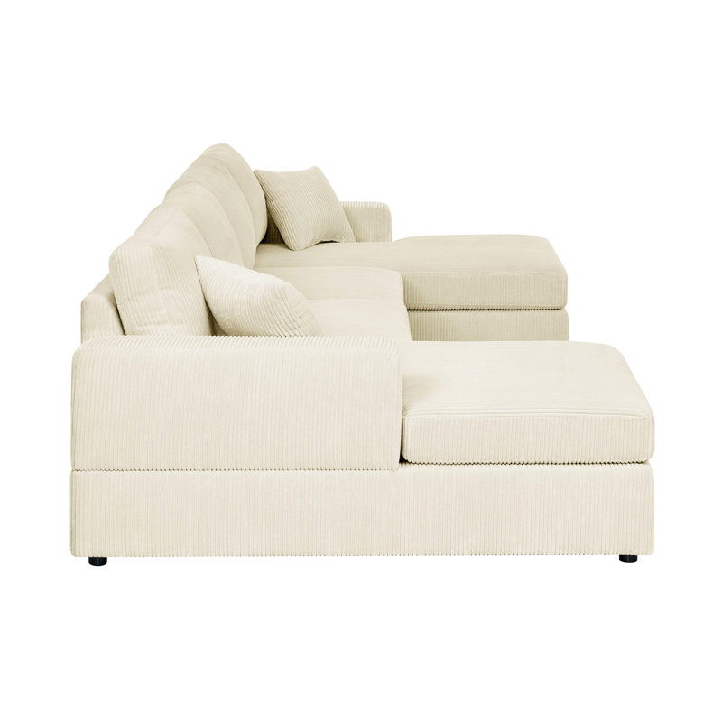 3 - Piece Corduroy Double Chaise For 4, Square Arms, Low Profile Design, And Removable Covers Effortless Maintenance Cream Sectional, 4 Comfortable Seating Options, Look, Cushions