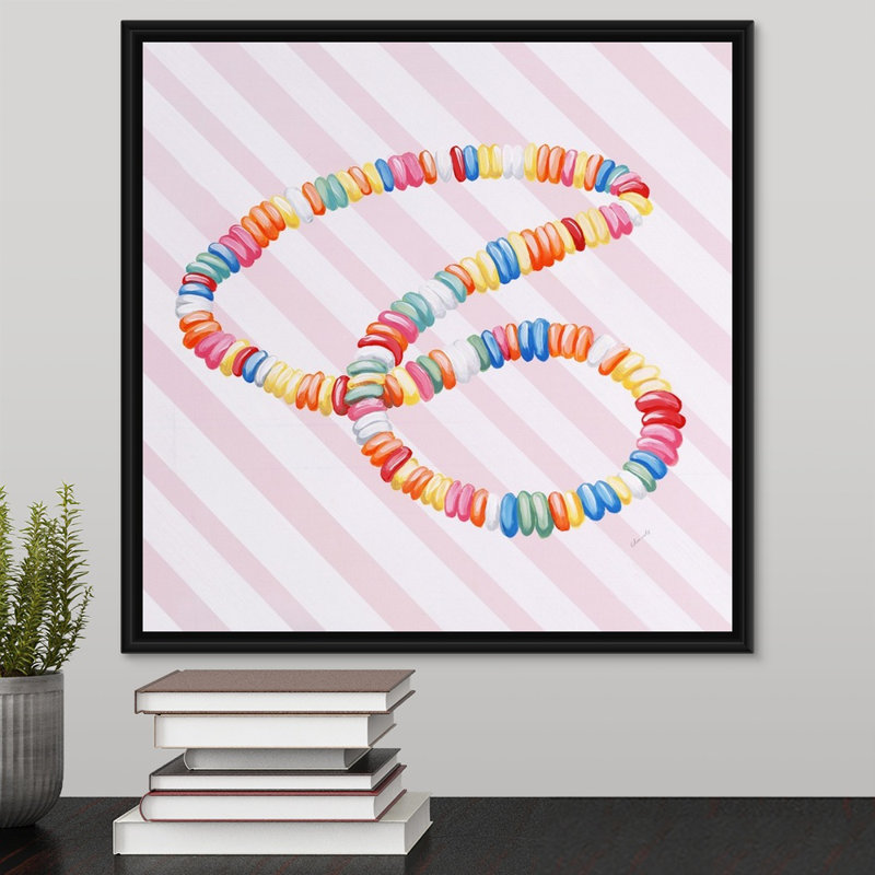 « bonbon shop iv », peinture sur toile, H 17,7 po x l 17,7 po x P 1,75 po, Cadre flottant noir