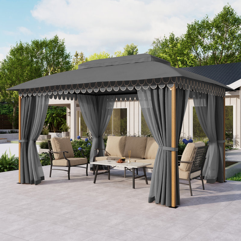 10X13 Wavy Design Garden Canopy With Wood-Grain Steel Frame, Weather-Resistant Fabric & Anti-Mosquito Mesh For Outdoor Use