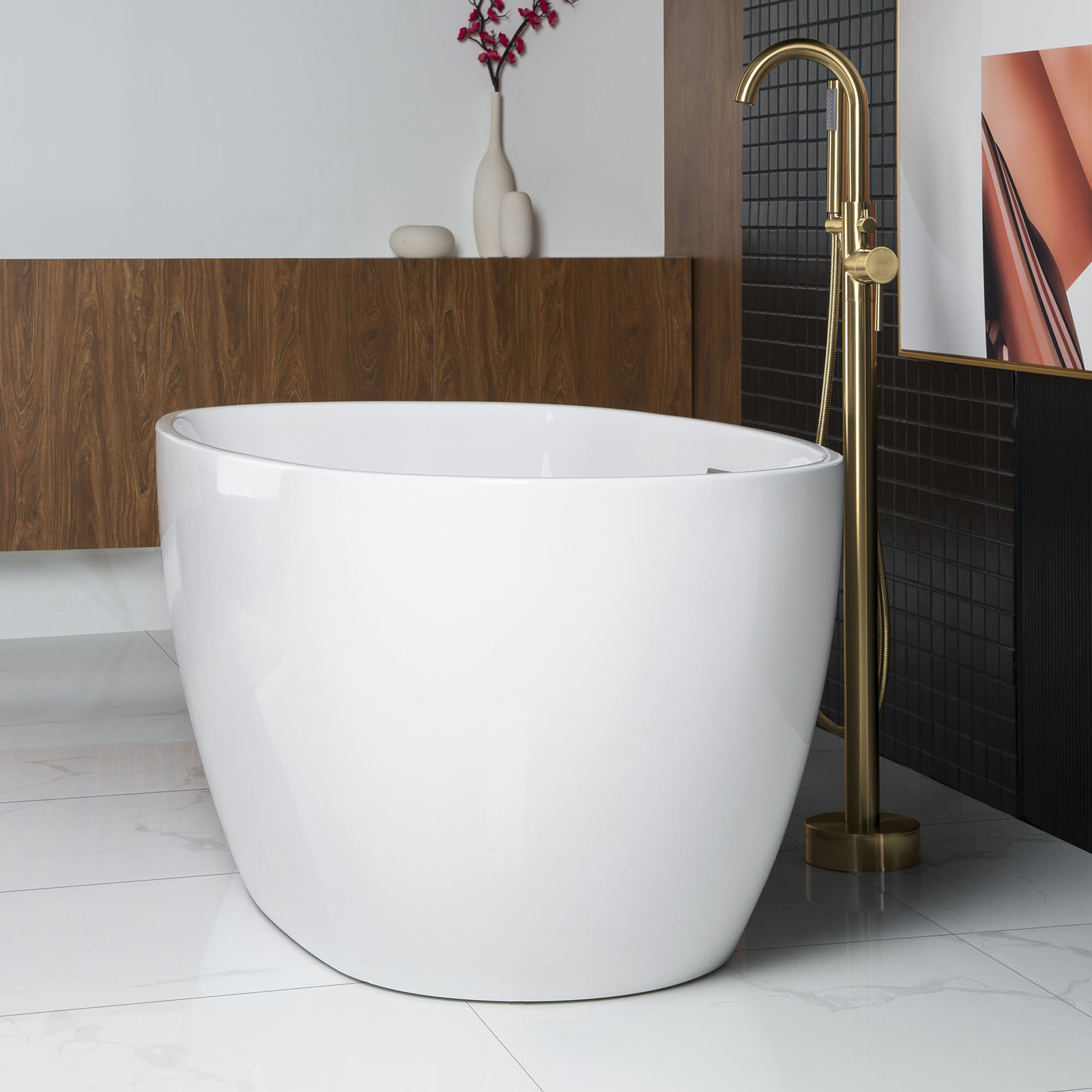 Ember 59" Freestanding Soaking Acrylic Bathtub, White, Brushed Gold