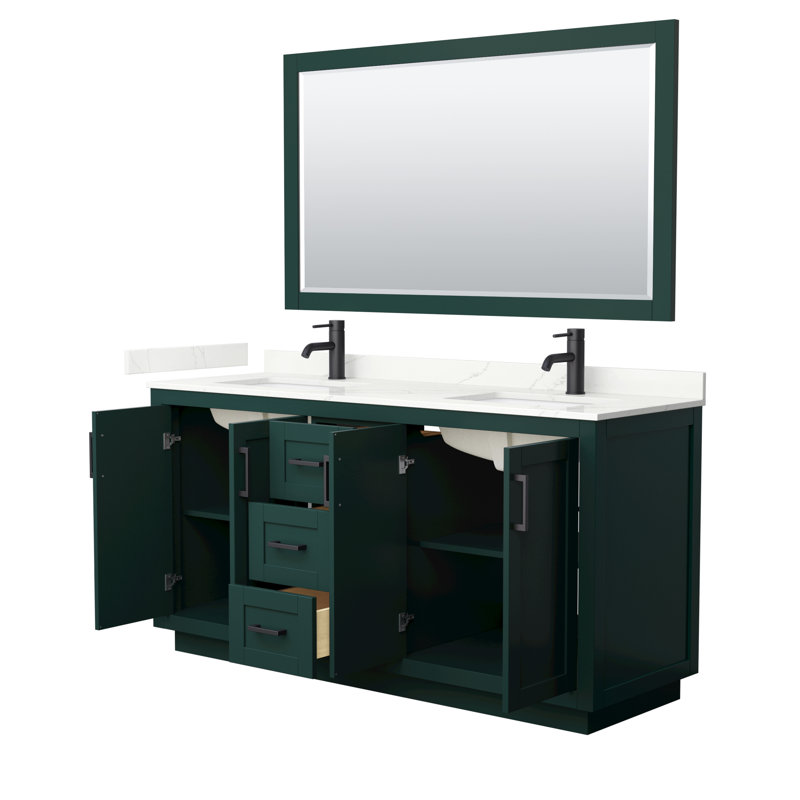 Miranda 66" Freestanding Double Bathroom Vanity with Quartz Top with 58" Mirror, Giotto Quartz, Green, Matte Black
