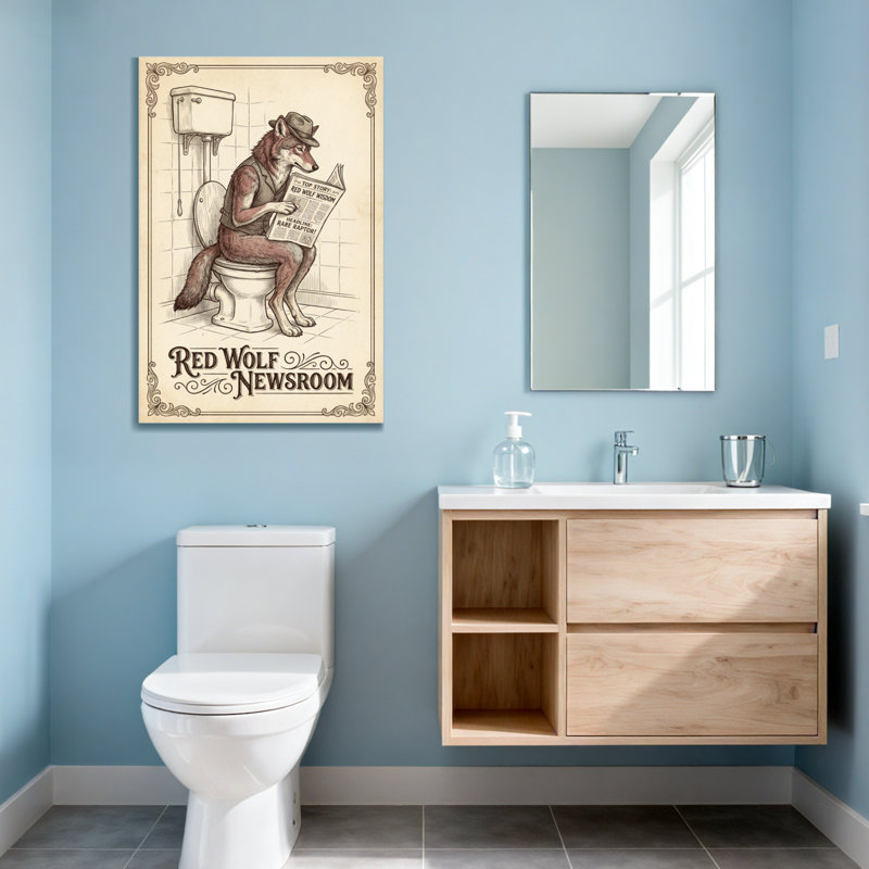 Bain et lessive loup rouge lisant le journal sur la toilette, H 40 po x l 28 po