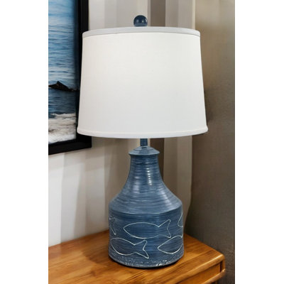 White Washed Wide Clay Jug with Etched Fish