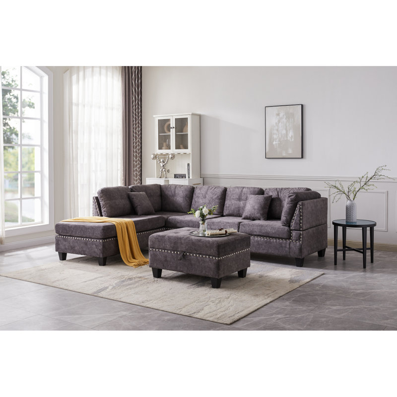 Canapé moderne à 3 places avec méridienne réversible, repose-pieds de rangement, incrusté de clous en cuivre, 2 petits coussins Modern