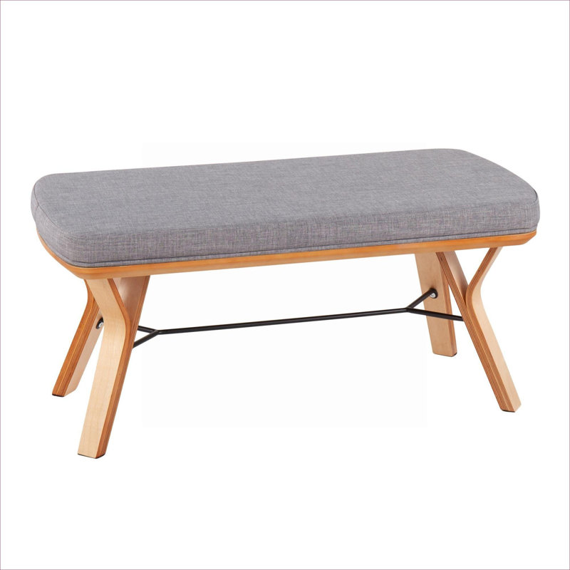 Gray-toned 2-Seat Mid-Century Modern Indoor Bench, Upholstered Fabric with Natural Wood Frame