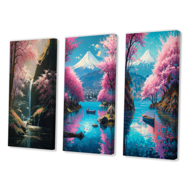 «Cherry Blossom Stream», 3 pièces sur toile, Toile tendue, H 28 po x l 36 po