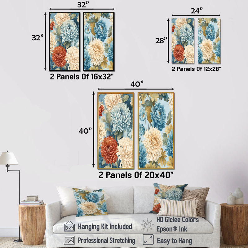 Ensemble de salon mural blanc et bleu Chrysanthemums Symphony - Chrysanthemums, H 28 po x l 25 po, Cadre flottant blanc