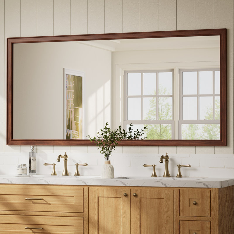 Miroir de salle de bain rectangulaire avec cadre en bois massif, verre trempé, H 72 po x l 36 po, Brun